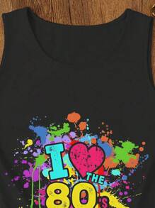 INAWLY I Love 80s Disco Paint Printed Fitted Women Casual Tank Top - Black - View 4
