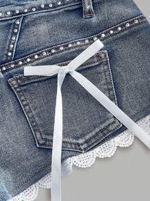 SHEIN MOD 女式口袋撞色蕾丝休闲百搭牛仔短裤 - 淺色水洗藍 - 查看 4
