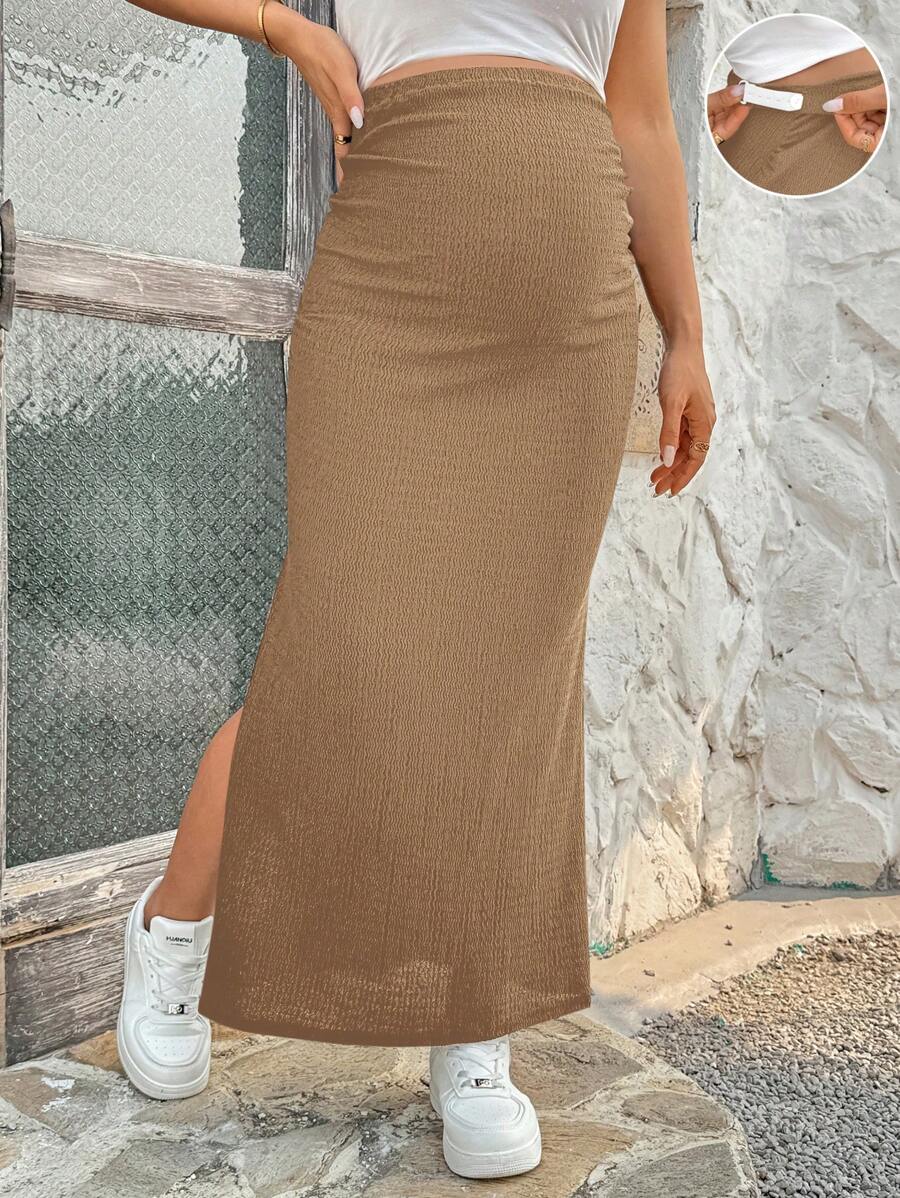 SHEIN 孕婦休閒純色側開衩長裙,適合度假穿著 - 卡其色 - 查看 1