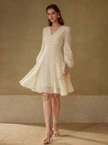 PREMIUM 优雅时尚花卉装饰收腰女式短裙 - 杏色 - 查看 5