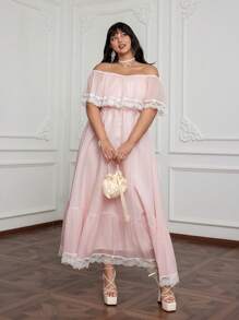 Flirla 时尚夏季宽松粉色蕾丝边露肩飘逸长裙 - 粉色 - 查看 6