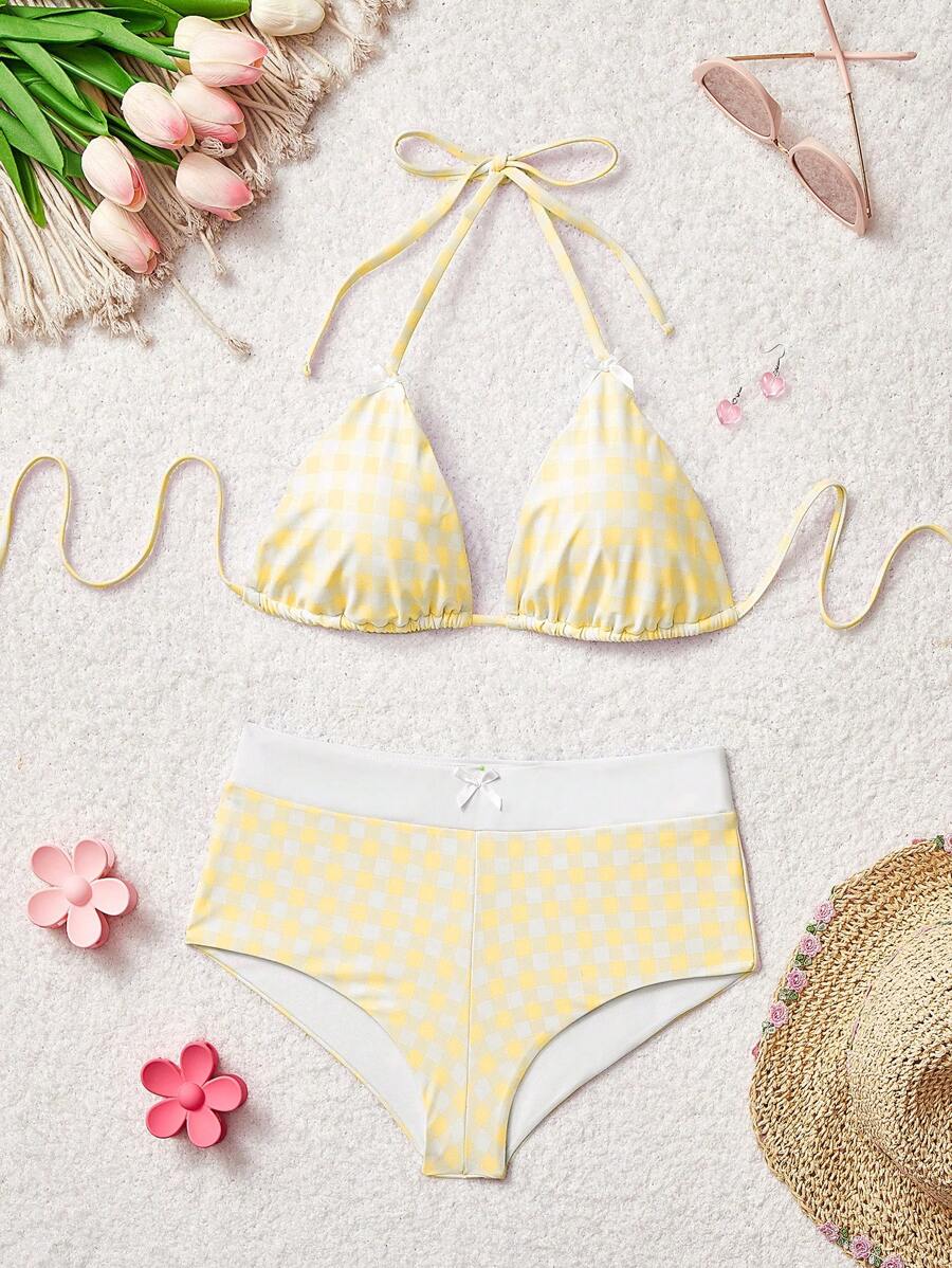 SHEIN MOD Summer Beach Checkered V-Neck Halter Bikini Set - Yellow - View 1