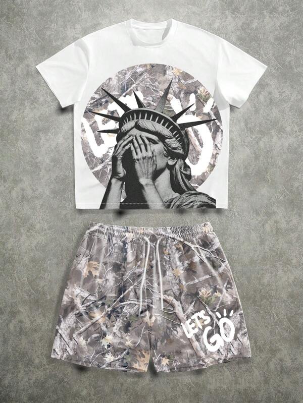 Manfinity ZONE917 2pcs Men's Portrait Print Short Sleeve T-Shirt And Drawstring Waist Shorts Set