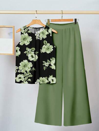 SHEIN Clasi 2 件女士休闲简约绿黑拼色手绘花卉图案套装，适合夏季