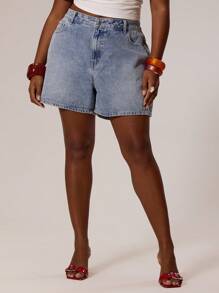 MUSERA Plus Size Longline Washed Denim Shorts Streetstyle , Holiday, Vacation, Summer, Beach, Sexy, Cute Back To School Streetwear