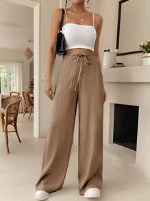 SHEIN Frenchy 纯色口袋系带休闲喇叭裤 - 駝色 - 查看 4