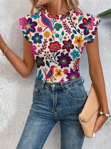 SHEIN LUNE 女士休闲印花紧身衣，适合春夏季 - 彩色 - 查看 4