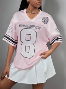 SHEIN Teen Girl's Pink Numeral Print Patchwork Loose V-Neck Casual Short Sleeve T-Shirt - Pink - View 7