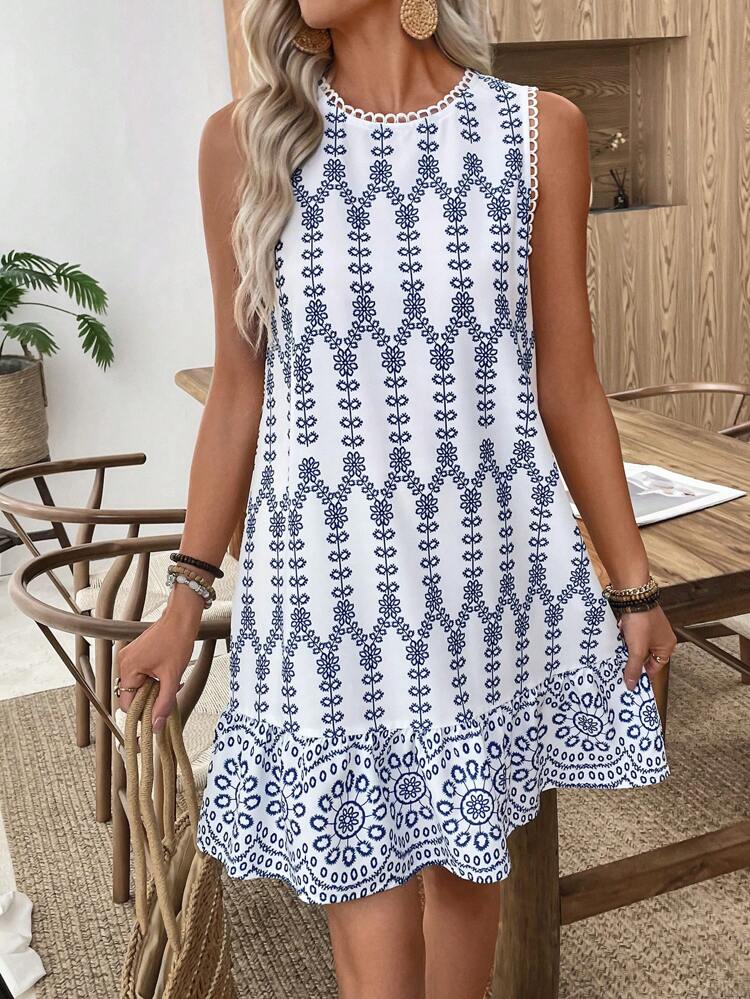 Women All-Over Print Round Neck Sleeveless Casual Mini Dress, Summer,Bohemian Clothes