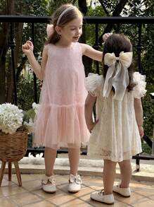 SHEIN Abito elegante da festa senza maniche in pizzo rosa per giovani ragazze - Rosa - Visualizzare 5