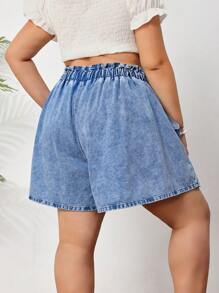 SHEIN CURVE+ Plus Size Women Summer Casual Daily Drawstring Waist Slant Pocket Loose Wide Leg Denim Shorts - Light Wash - View 6