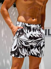 Manfinity VDAYZ Shorts de playa para hombres con estampado total y cintura con cordón, apropiados para el verano - Blanco y Negro - Ver 6