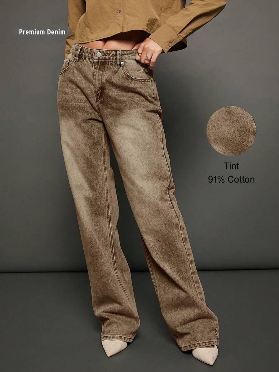 WESTFADE Premium 91% Cotton Denim 90s Straight Leg Jeans - Khaki - View 1