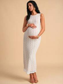 MaterniChic Maternity Lace Scoop Neck Side Split Hem Elegant Dress Baby Shower Maternity Dress Birthday Dresses For Maternity White Dress - White - View 3