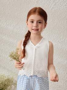 Blossori Young Girls' Countryside Style Embroidered Sleeveless White Cotton Blouse - White - View 3