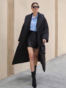 CLARA VERO Manteau long rembourré noir avec col châle, ceinture à la taille, poches, pour se réchauffer en hiver