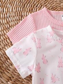 4pcs Newborn Simplistic Stylish White & Pink Cute Rabbit Print Short Sleeve Long Jumpsuit Romper For Home Wear - Multicolor - View 4