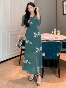 DAZY 女式花卉印花荷叶边领短袖优雅中长连衣裙舞会礼服