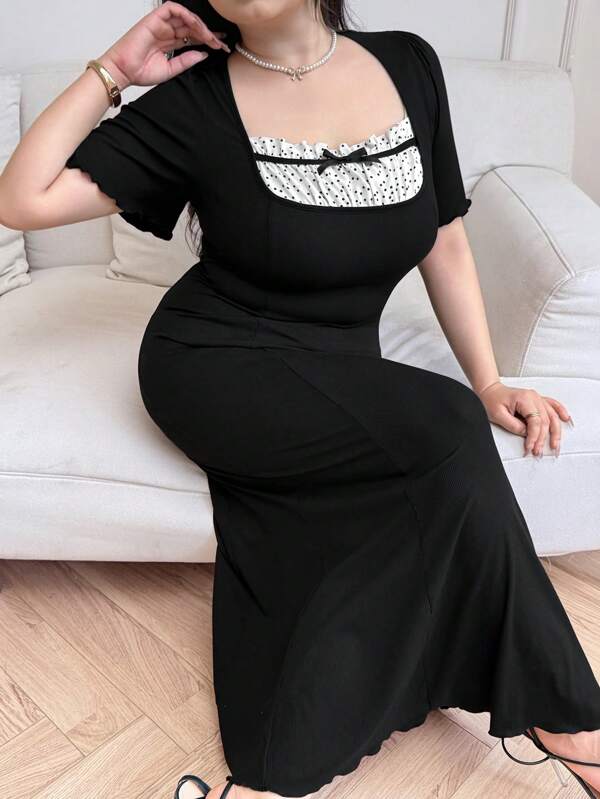 Feyla Plus Size Contrast Dot Print Short Sleeve Dress