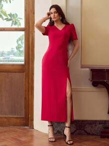 ZEYLAH Elegant V-Neck Embroidered Puff Sleeve Waist-Cinched Slit Dress - Red - View 5