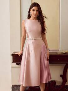 ZEYLAH Vestido midi plisado con hombros descubiertos, asimétrico y abertura lateral - Rosa - Ver 6