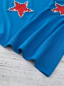 Flirla Plus Size Women Independence Day Star & Pearl Decor T-Shirt - Blue - View 7