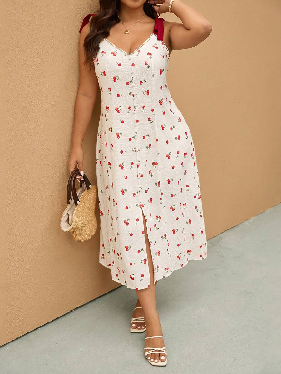 Elaquor Đầm dự tiệc thường ngày họa tiết quả anh đào cỡ lớn có dây buộc nơ xẻ tà màu khối - Nhiều màu - Xem 1