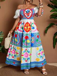 Flirla Plus Size Women's Spring/Summer Square Neck Short Puff Sleeve Geometric Print Colorful LGBT Ruffle A-Line Casual Dress, Elegant Holiday Vacation - Multicolor - View 3