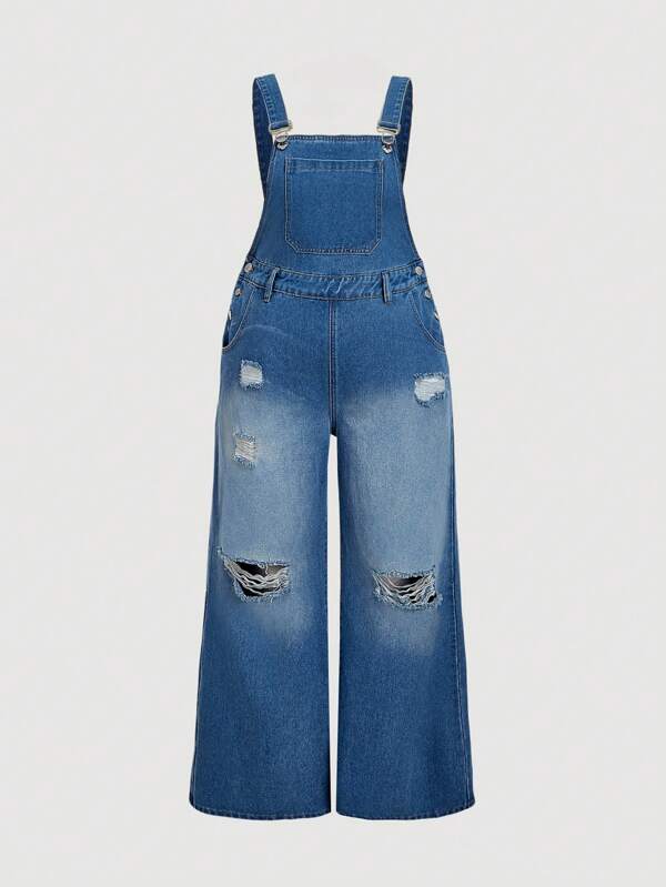 SHEIN MOD Jeanslatzhosen in Große Größen, lässige Latzhosen im Frühling, gerade gerissene Hosen, lässige Frühlings-Latzhosen, Y2K-Outfit