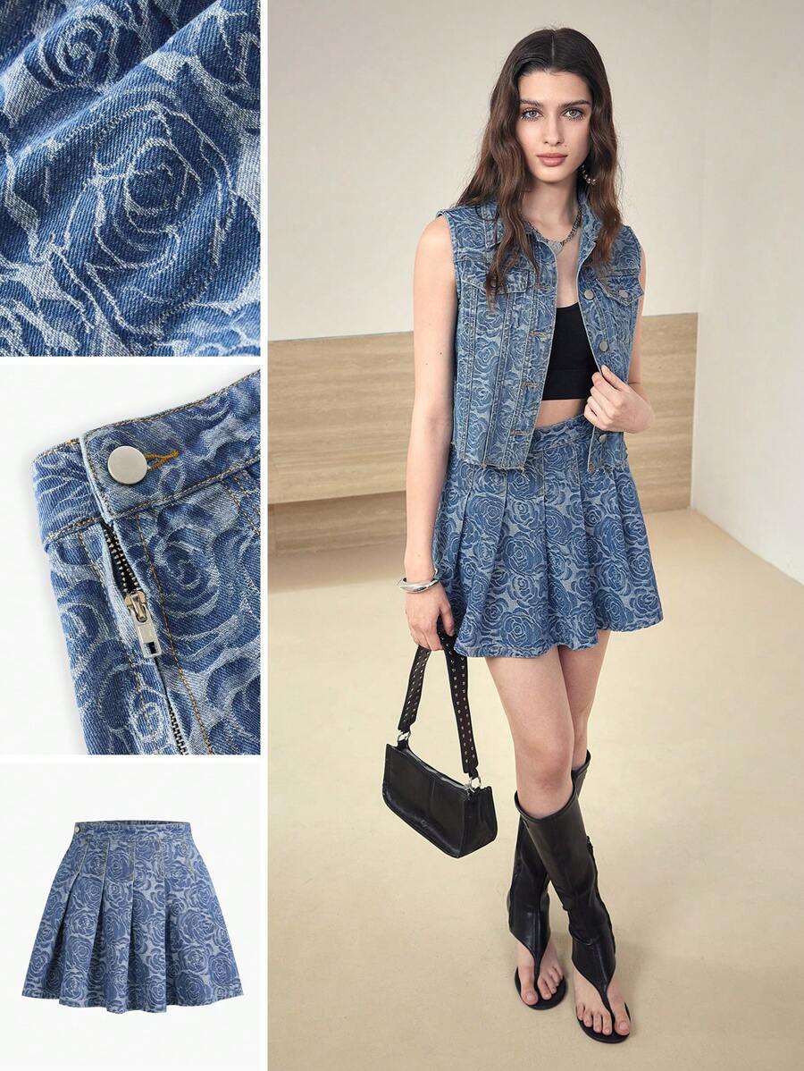 MOTF STUDIO 提花纽扣褶饰牛仔裙 - 藍色 - 查看 1