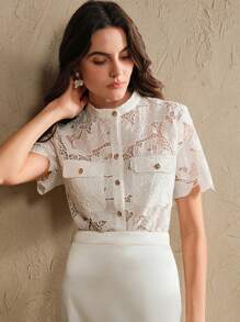 Anewsta Women's Elegant French Style Sheer Lace Round Neck Blouse For Summer - White - View 5