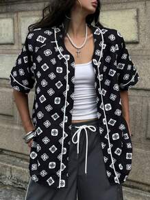 Coolane 女士夏季外出时尚街头情侣同款图案棒球服纽扣衬衫 - 黑色 - 查看 6