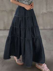 FRIFUL 女式弹力腰牛仔A字裙，带荷叶边下摆牛仔裙