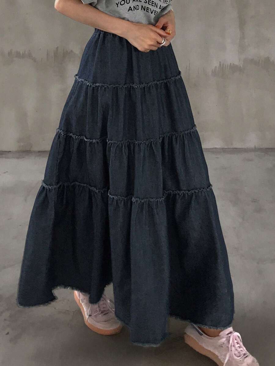 FRIFUL 女式弹力腰牛仔A字裙，带荷叶边下摆牛仔裙