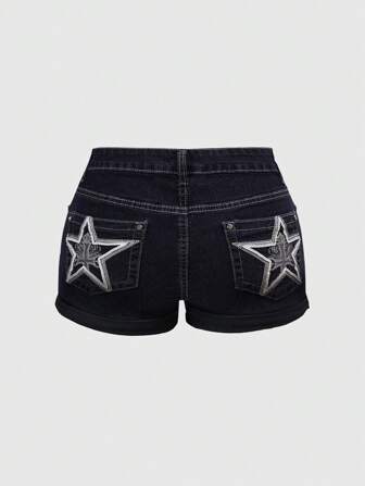 Grunge Punk Y2K Retro Star Embroidered Back Denim Shorts