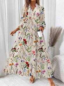SHEIN LUNE Vestido de manga larga acuchillado con estampado floral acuarela con cuello en V, adecuado para primavera/verano