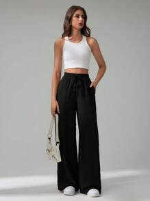 SHEIN Tall Pantaloni casual larghi da donna a vita alta, di colore unico, con cintura