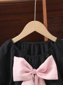 SHEIN Lockere, lässige Bluse mit Farbblock und übergroßer Schleife und Rundhalsausschnitt sowie Puffärmeln für Tween Mädchen