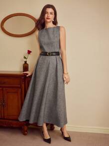 Vintamour Váy nữ thanh lịch cổ điển, váy ôm sát cổ thuyền không tay có túi, thắt lưng và viền loe, váy dài dự tiệc cưới cho nữ, váy mùa hè cho nữ, trang phục ngày lễ, váy tốt nghiệp, trang phục lễ hội, trang phục công sở thường ngày cho phụ nữ, trang phục công sở cho phụ nữ, trang phục giáo viên nữ - Xám - Xem 4