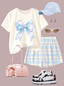 SHEIN 青少年女孩休闲简约短袖短裤套装，适合夏季 - 彩色 - 查看 3