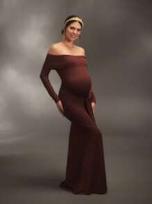 Cheriluna Maternity Vestido maxi de manga larga con hombros descubiertos, Romántico para fotografía, Uso para fiestas de maternidad y bautizo, Verano y Primavera - Marrón - Ver 4