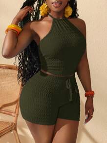 Slaydiva 新款女式纹理音乐节复活节纳什维尔生日毕业学生日常休闲度假百搭性感背心和短裤套装，春夏 - 橄欖綠 - 查看 4