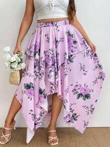 Flirla Plus Size Asymmetrical Hem Floral Print Holiday Beach Summer Casual Outdoor Party Skirt For Women - Purple - View 1
