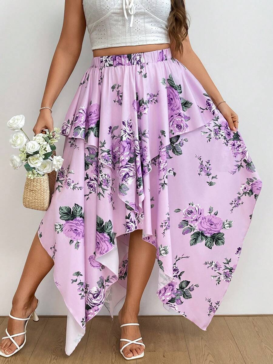 Flirla Plus Size Asymmetrical Hem Floral Print Holiday Beach Summer Casual Outdoor Party Skirt For Women - Purple - View 1