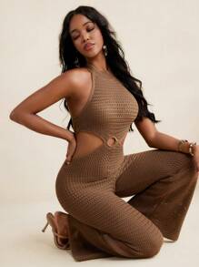 Israel Jasso Knitted Halter Neckline Cut Out Backless Wiede Leg Jumpsuit Beach Outfit Vacation Holiday Women - Brown - View 3