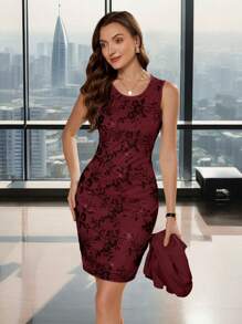 Ellevyn 2pcs/Set Women Sequined Party Dress And Fitted Short Sleeve Jacket Outfit - Burgundy - View 12