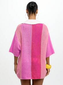 SUMWON WOMEN Crochet Oversized Polo Collar Pullover Mesh Knit Beach Top Summer Vacation Resort Holiday Casual Wear,Tops For School