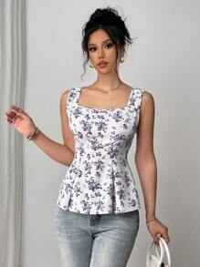 Rafferiza Fabric Print Stand Collar Foldable Tie Sleeveless Women Shirt - Purple - View 4