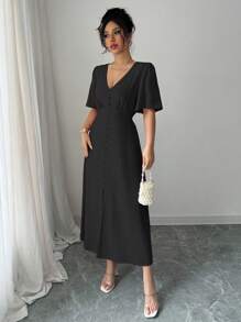 Elenzga 女士春夏棉麻混纺优雅 V 领前扣 A 字中长连衣裙，喇叭袖，腰部系带蝴蝶结，适合度假、下午茶、派对 - 黑色 - 查看 4