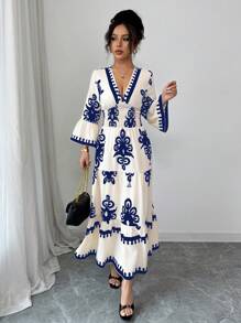 Elenzga Nuevo vestido acampanado con escote en V profundo, cintura fruncida y estampado floral, llegada europea y americana para primavera y verano 2025 - Azul Marino - Ver 6